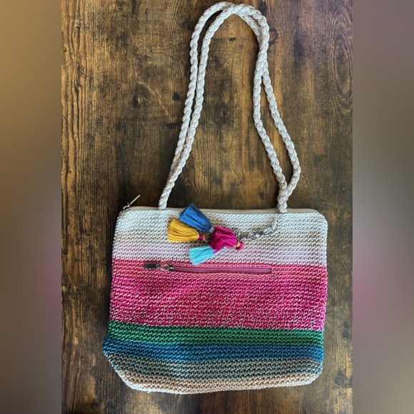 The SAK Striped Crochet Purse Bag Woven Multicolor Double Strap - Picture 1 of 7